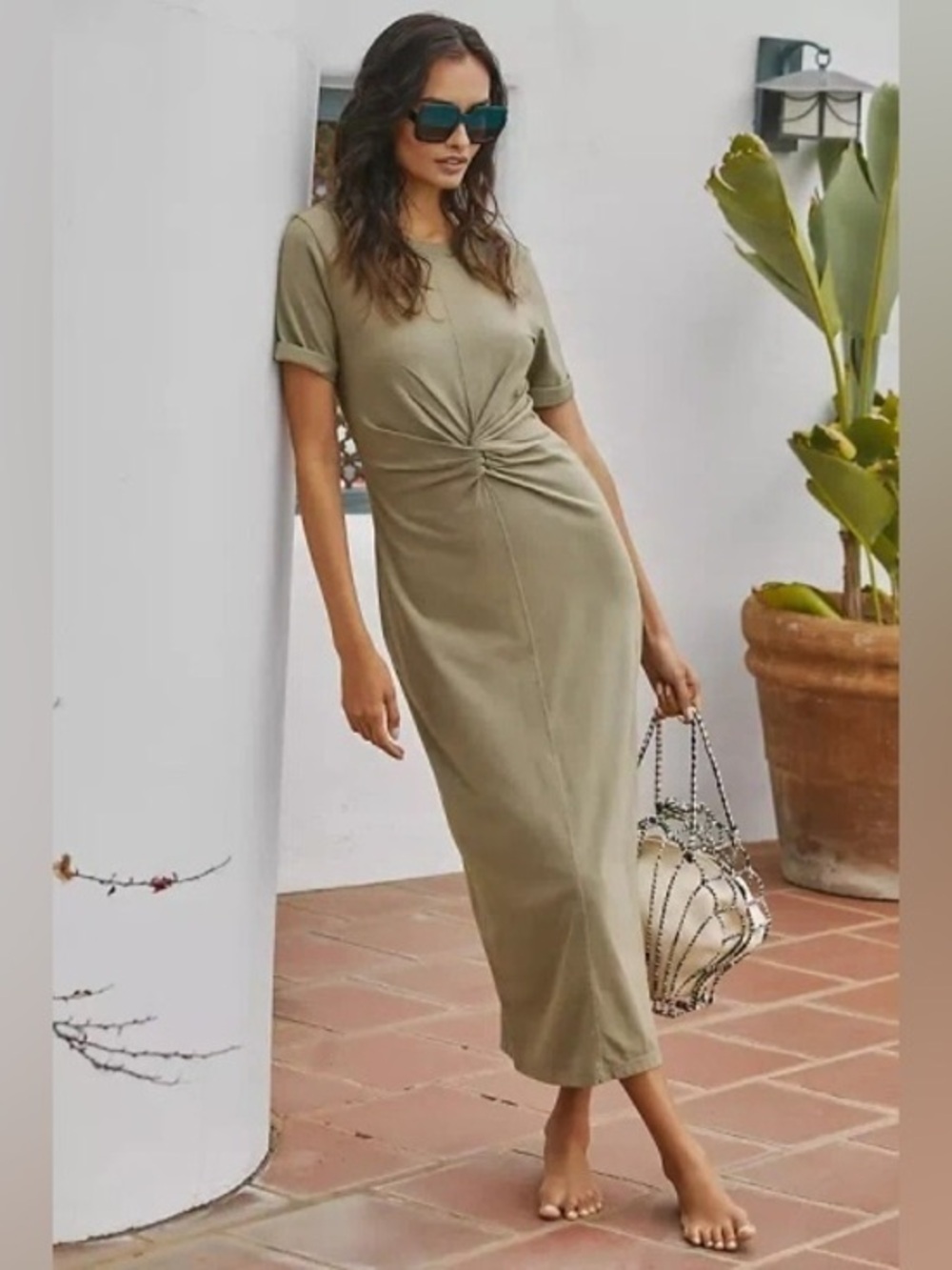 L*SPACE Drew Cotton Twist Midi Dress In Olive Branch NWT